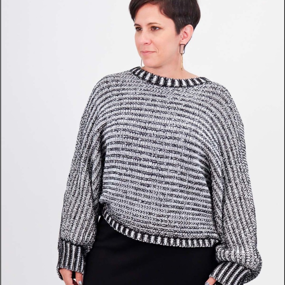 Planet By Lauren G. Cotton Kabuki Crewneck Knit Sweater black White One Size